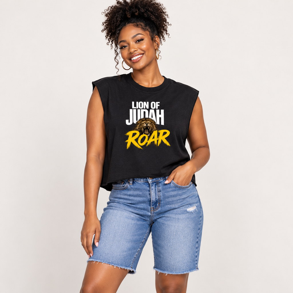 Solo smiling model wearing Lion of Judah - Boxy Tank Top, Black