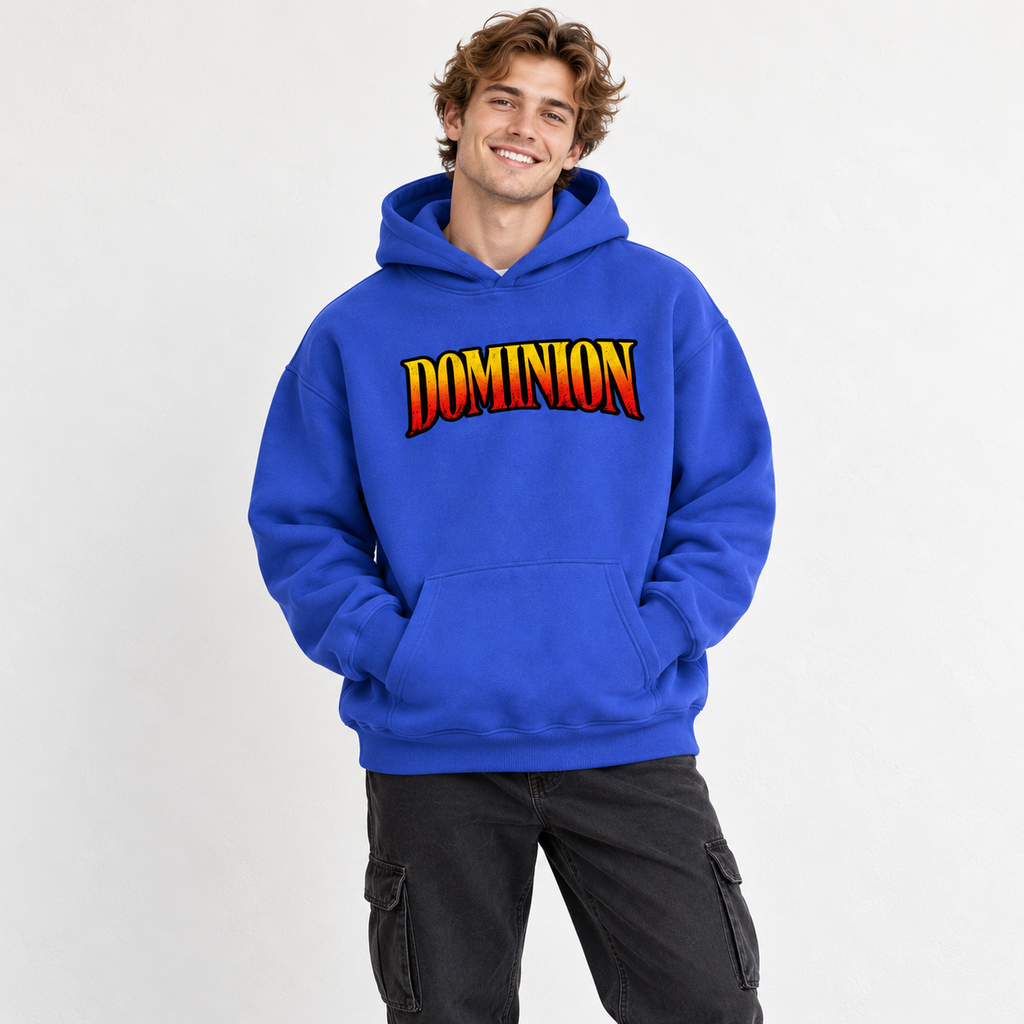 Solo smiling model wearing Dominion hoodie, Coffee