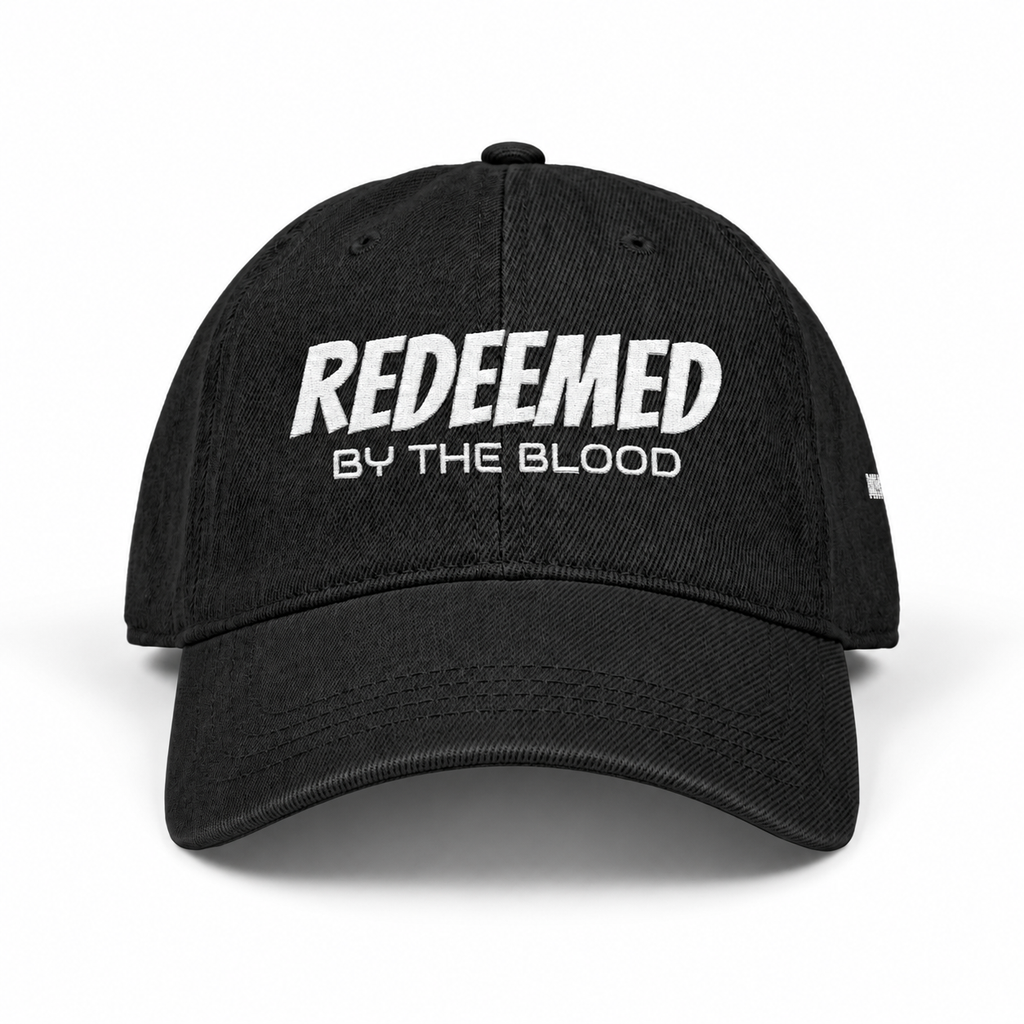 3D product mockup, Black — Redeemed by the Blood - Embroidered Cap