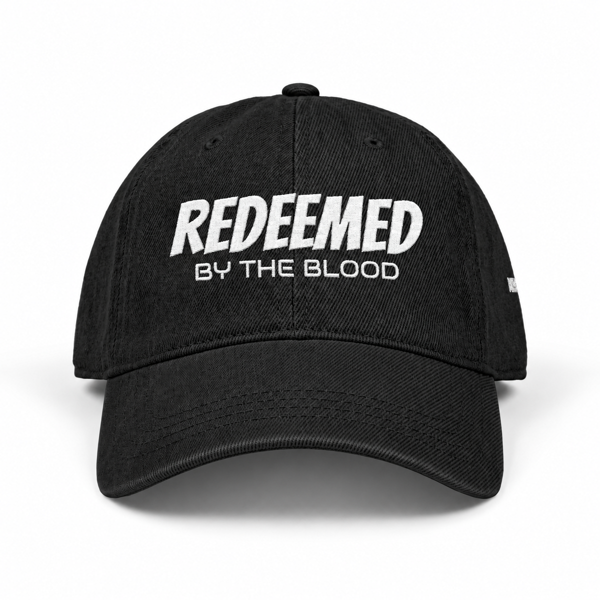 3D product mockup, Black — Redeemed by the Blood - Embroidered Cap
