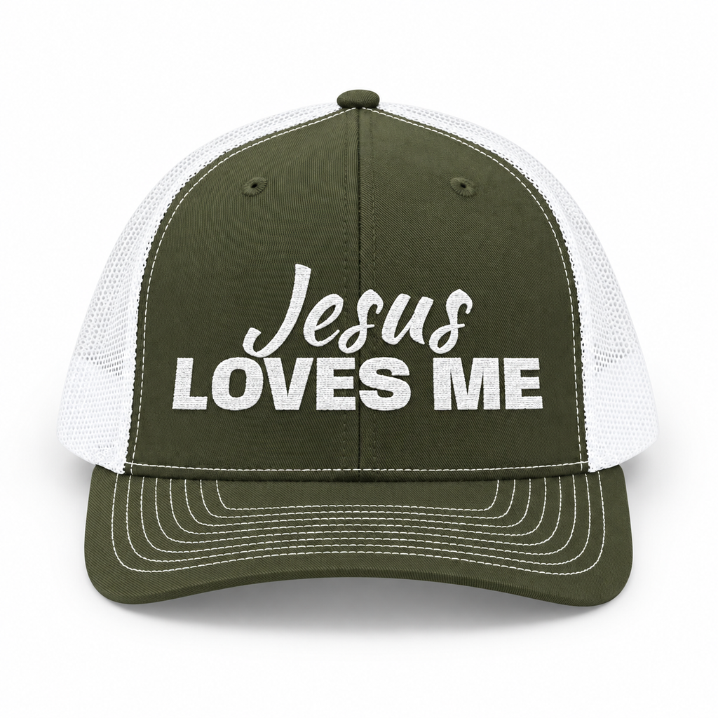 3D product mockup, Loden — Jesus Loves Me Christian Snapback Trucker Cap