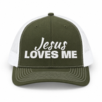 3D product mockup, Loden — Jesus Loves Me Christian Snapback Trucker Cap