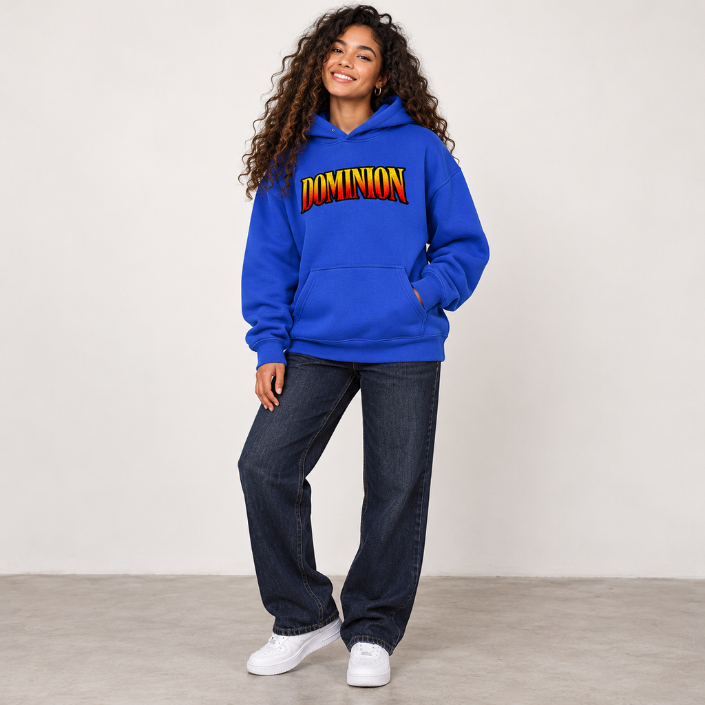 Solo smiling model wearing Dominion hoodie, Klein Blue