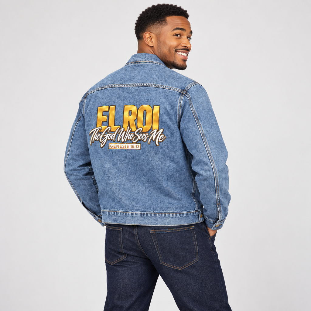 Solo smiling model wearing El Roi - Men’s Denim Jacket, Medium Denim Wash