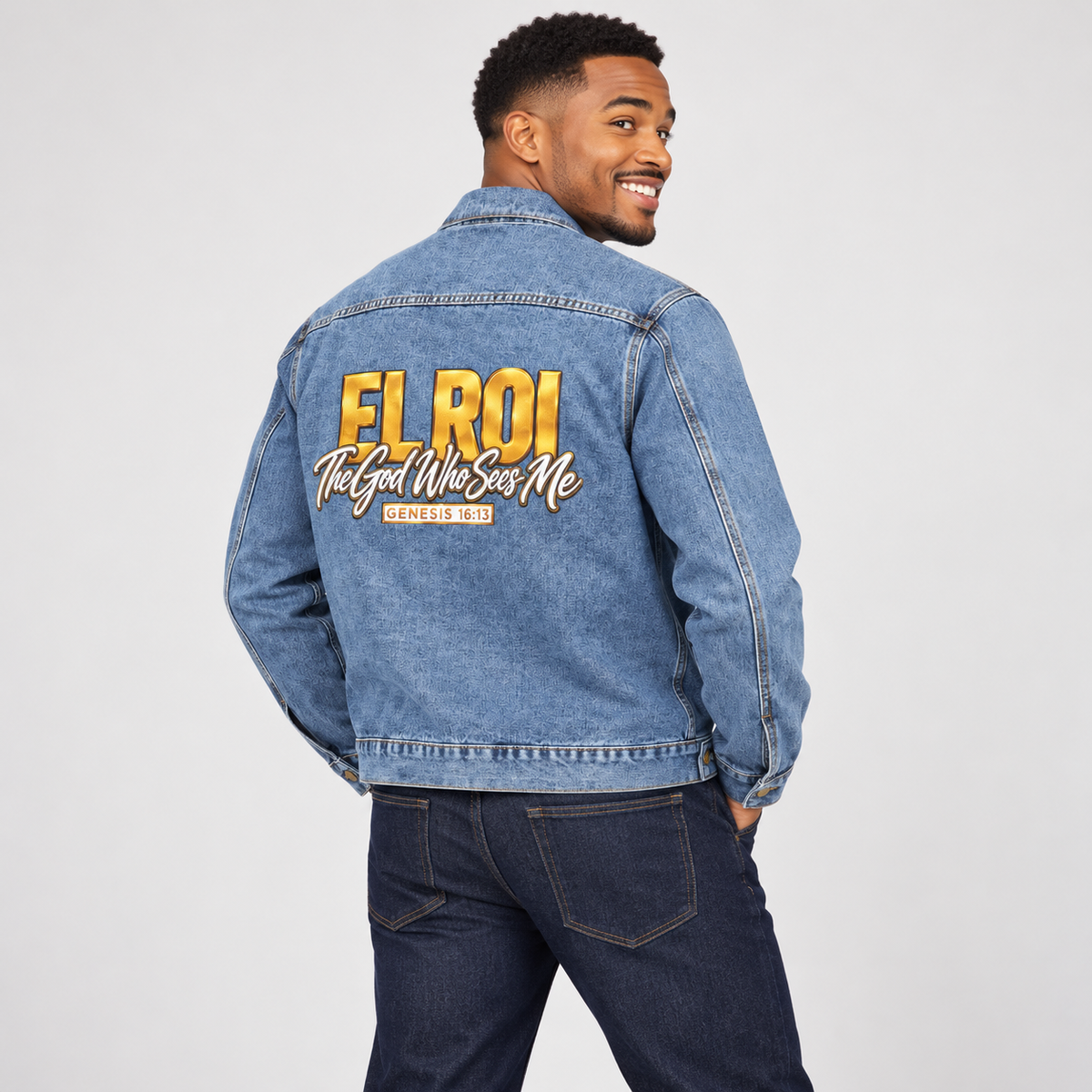 Solo smiling model wearing El Roi - Men’s Denim Jacket, Medium Denim Wash