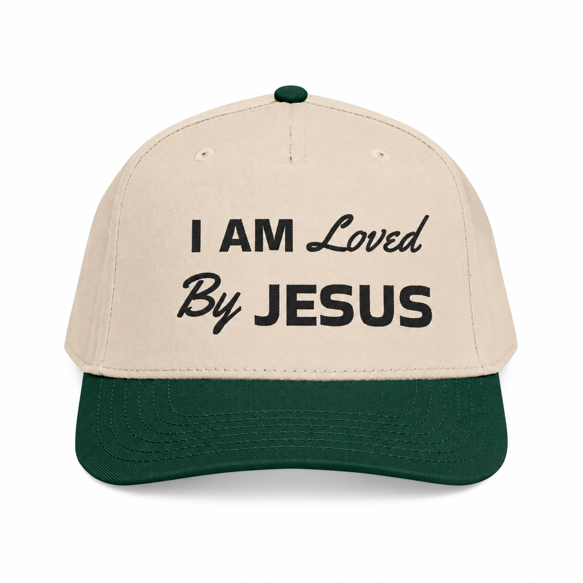 3D product mockup, Dark Green / Natural — I am Loved By Jesus - Cap