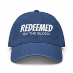 3D product mockup, Blue — Redeemed by the Blood - Embroidered Cap