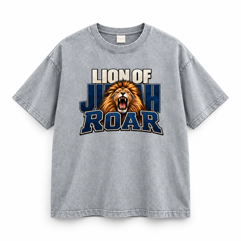 3D product mockup, Light Gray — Lion of Judah Roar - Drop Shoulder Wash T-Shirt