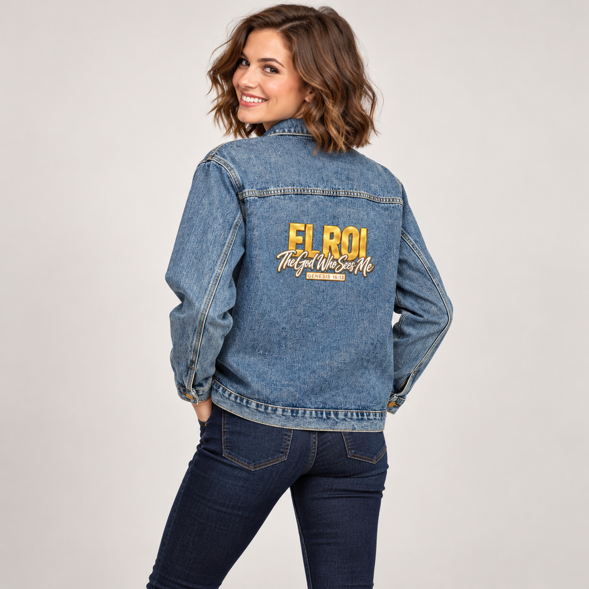 Solo smiling model wearing El Roi - Women's Denim Jacket, Medium Denim Wash