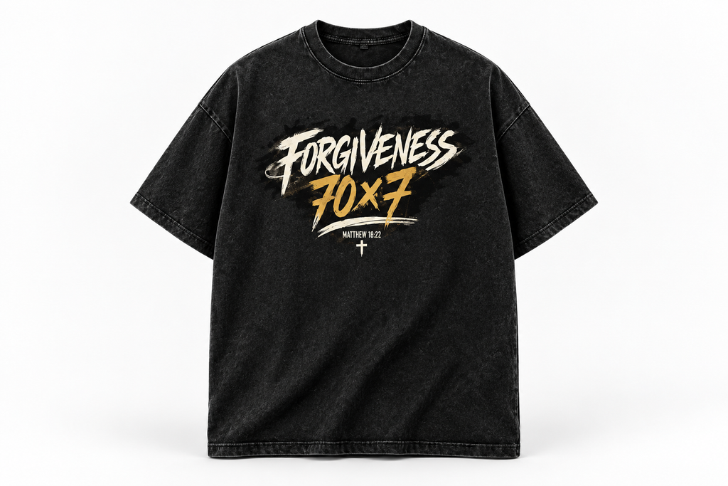 Black Forgiveness 70x7 tee with original brushstroke artwork, standalone product mockup