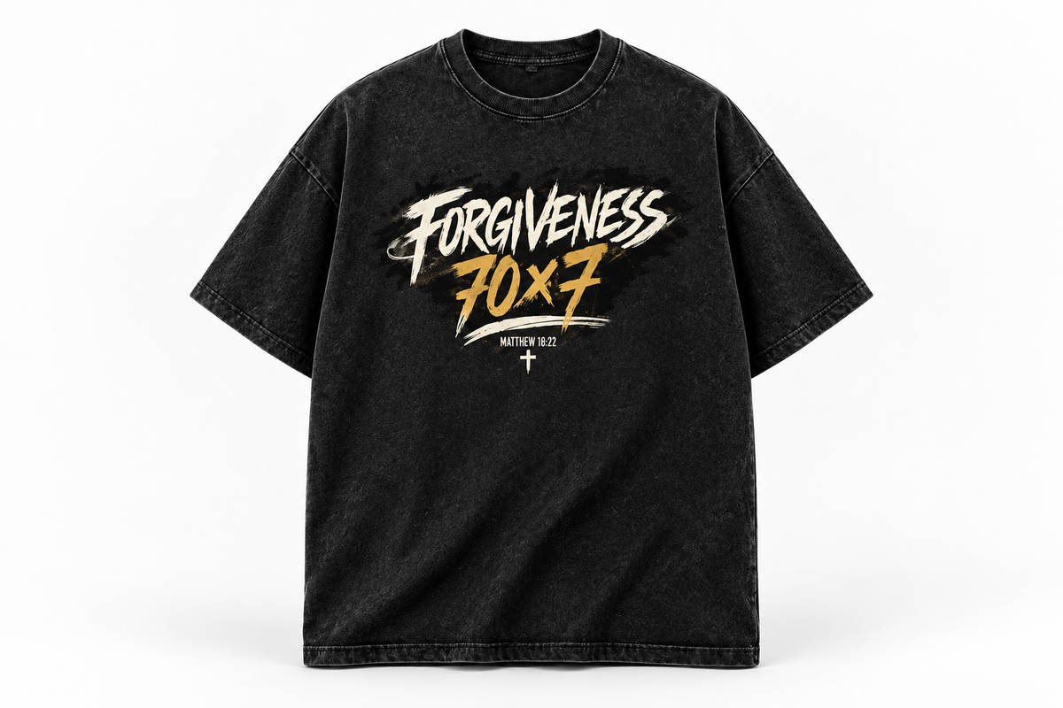 Black Forgiveness 70x7 tee with original brushstroke artwork, standalone product mockup