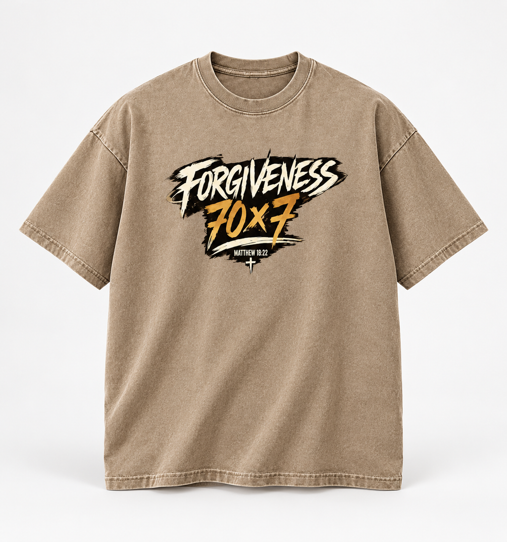 Khaki Forgiveness 70x7 tee with original brushstroke artwork, standalone product mockup