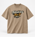 Khaki Forgiveness 70x7 tee with original brushstroke artwork, standalone product mockup