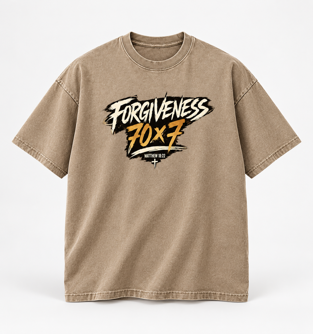 Khaki Forgiveness 70x7 tee with original brushstroke artwork, standalone product mockup