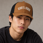 Model mockup of God's Own trucker cap in Caramel / Black