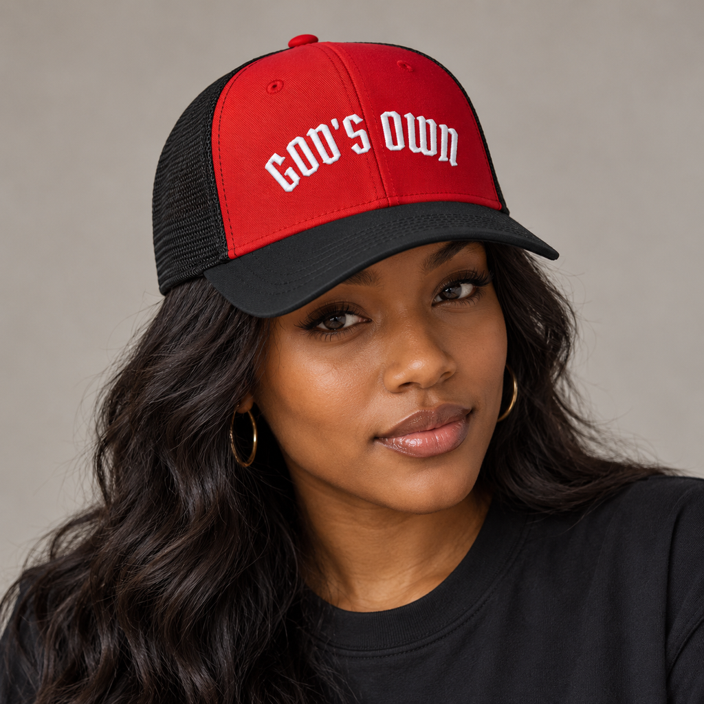 Model mockup of God's Own trucker cap in Red/Black