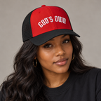 Model mockup of God's Own trucker cap in Red/Black