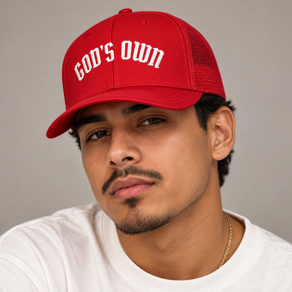 Model mockup of God's Own trucker cap in Red
