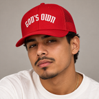 Model mockup of God's Own trucker cap in Red