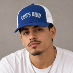 Model mockup of God's Own trucker cap in Royal / White