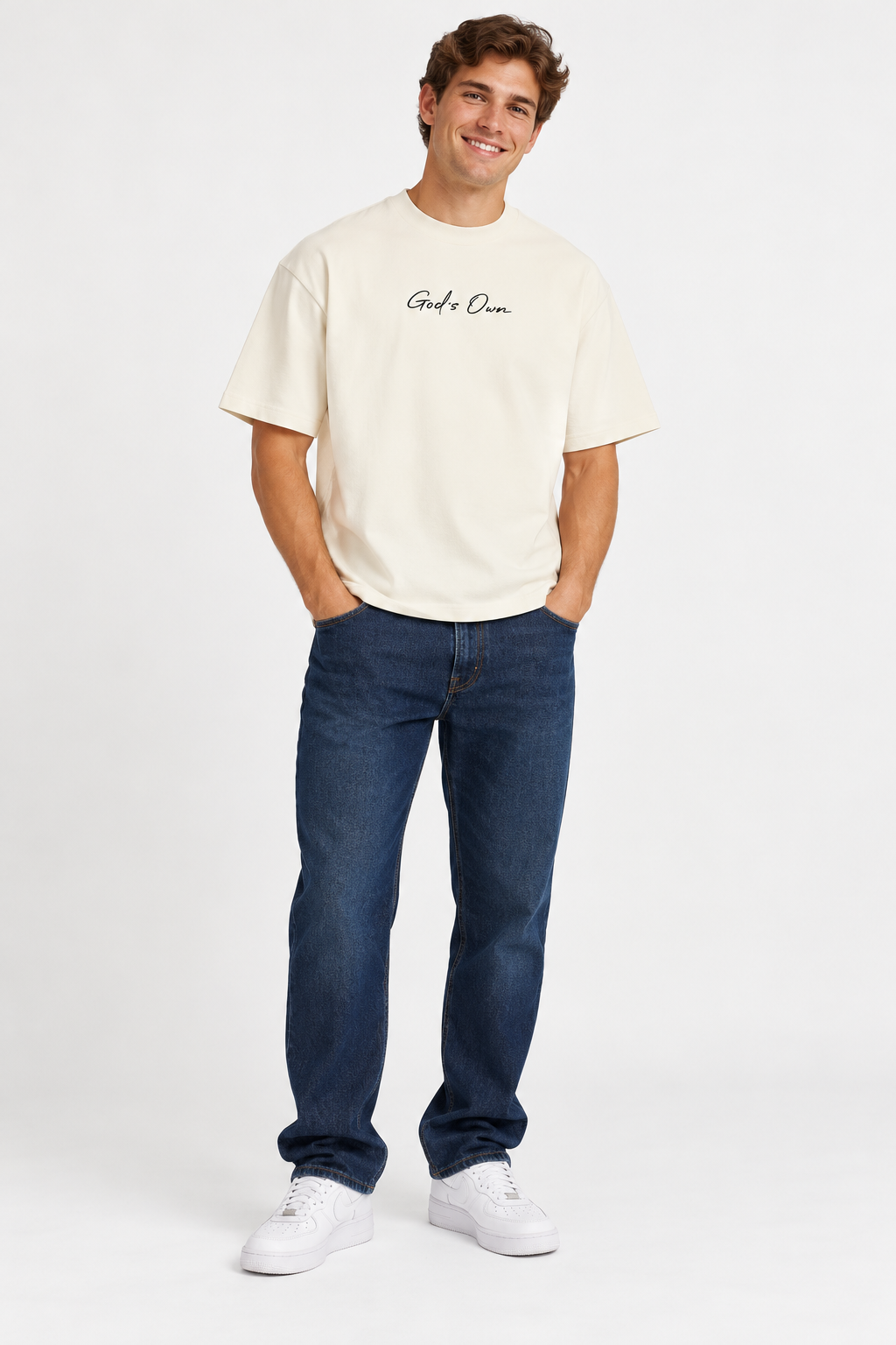 White God's Own Boxy Oversized Tee worn by smiling young male model in jeans