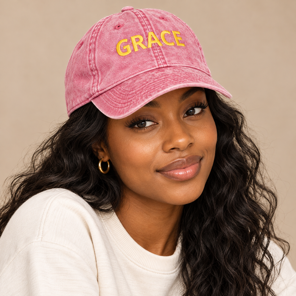 Model mockup of Grace vintage cap in Pink