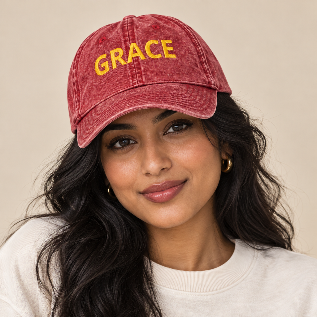Model mockup of Grace vintage cap in Red