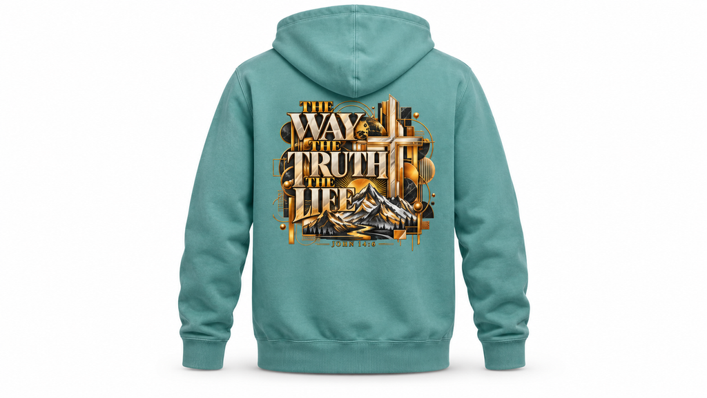 Pigment Alpine Green Jesus hoodie, back view 3D product render