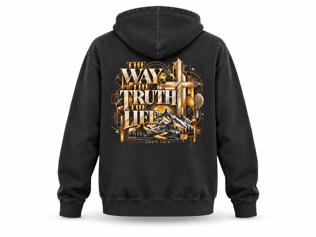 Pigment Black Jesus hoodie, back view 3D product render