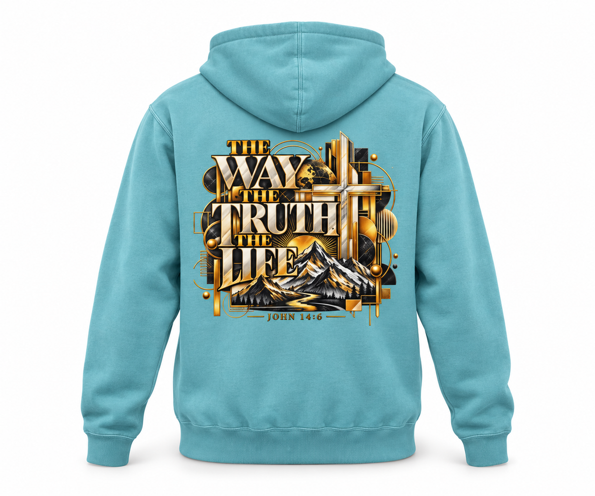 Pigment Light Blue Jesus hoodie, back view 3D product render