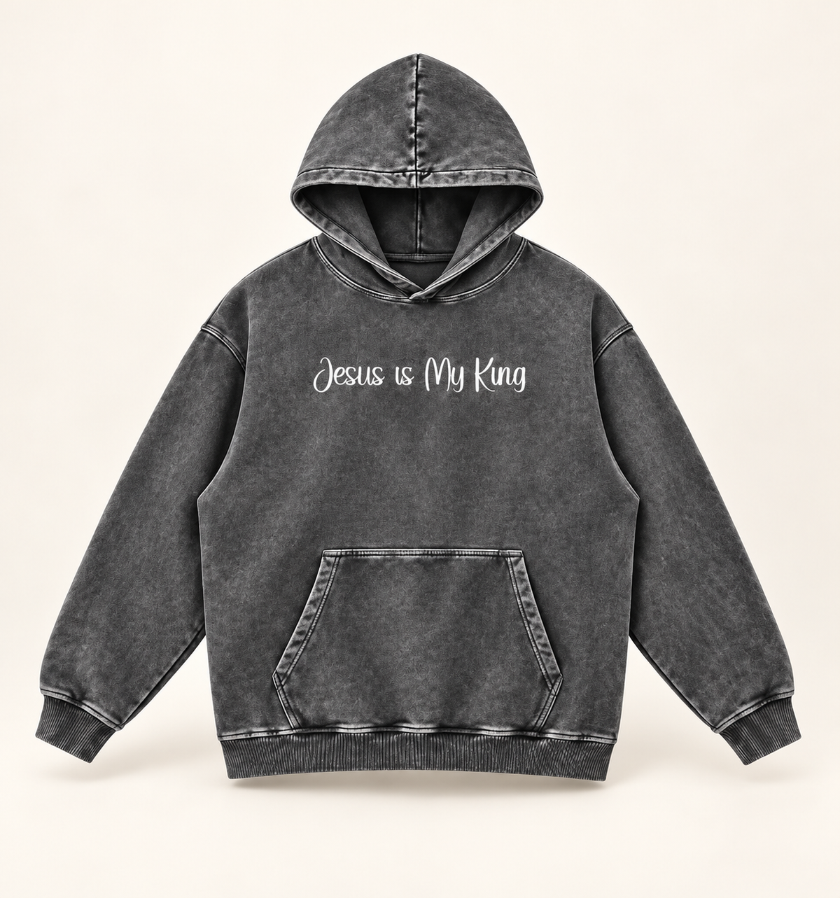 Dark Gray Jesus is My King Snow Washed Loose Cotton Hoodie standalone 3D product mockup